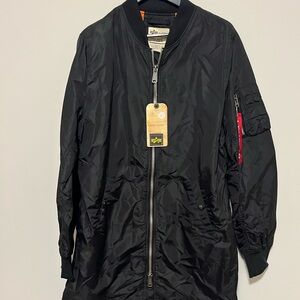 Alpha Industries Black Long Bomber Jacket with Red Sleeve Accent